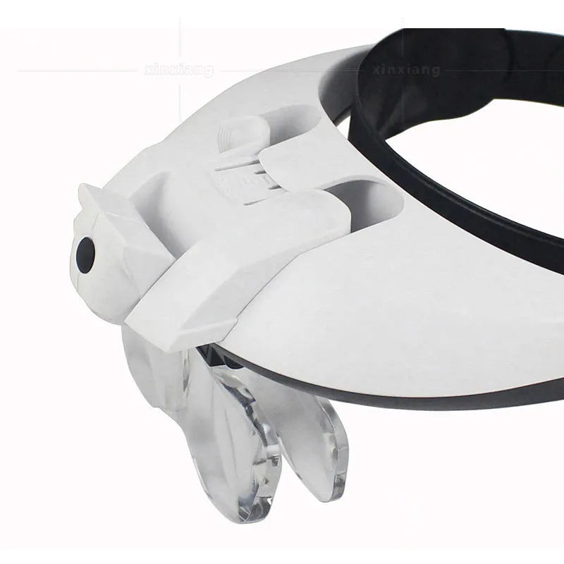 Headband magnifier with adjustable head strap, two LED lights, and five interchangeable lenses