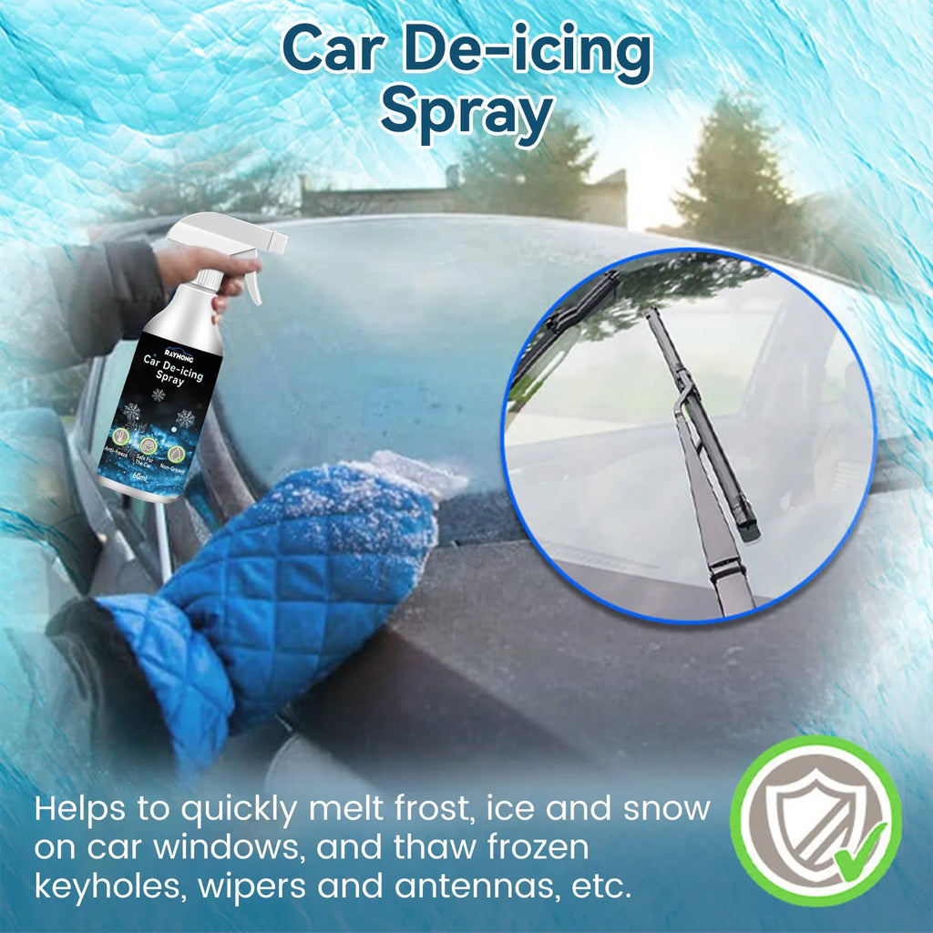 60ml bottle of car windscreen de-icing spray and a snow remover tool on a white background.
