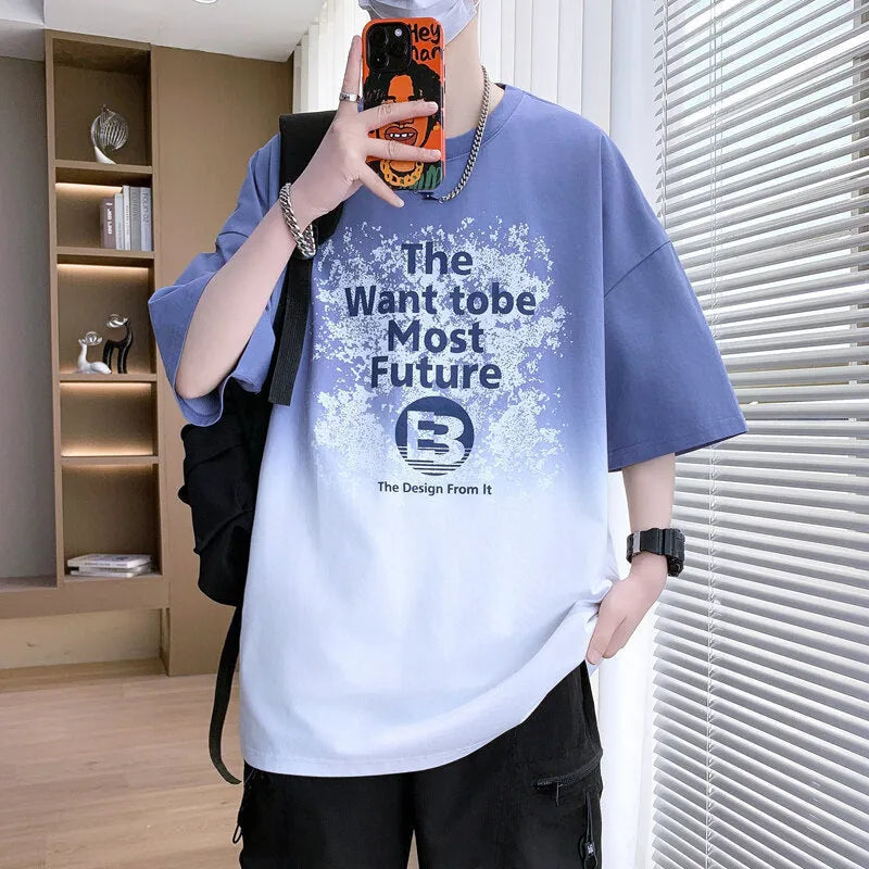 Boys dark blue printed T-shirt with Jacquard design and drop-shoulder short sleeves