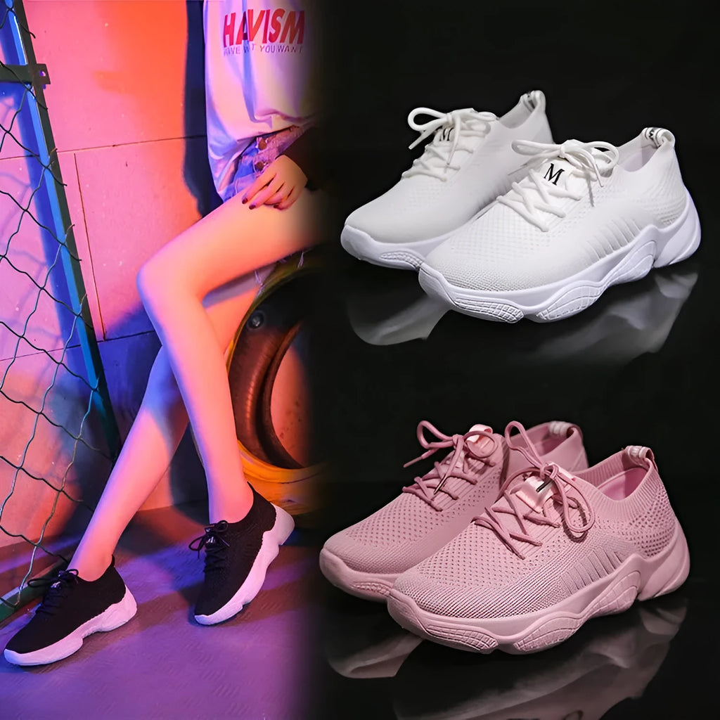 Women's white thick-soled casual shoes with woven upper and front strap.