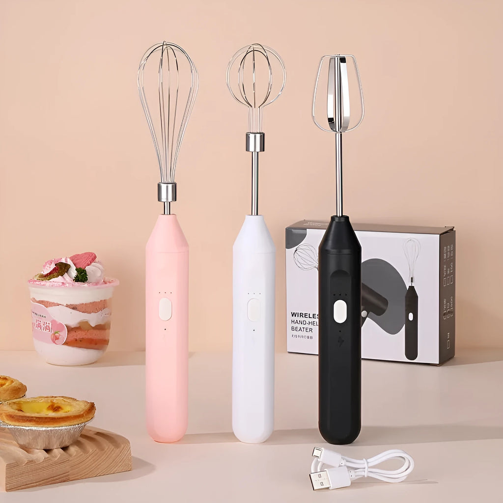 Handheld electric egg beater in black, pink, or white with grow head, 304 stainless steel and ABS, cordless 2000mAh, 18000 rpm.