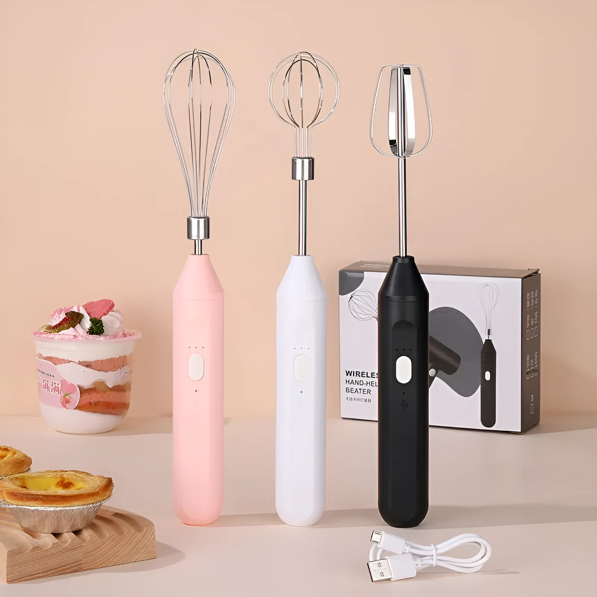 Handheld electric egg beater in black, pink, or white with grow head, 304 stainless steel and ABS, cordless 2000mAh, 18000 rpm.