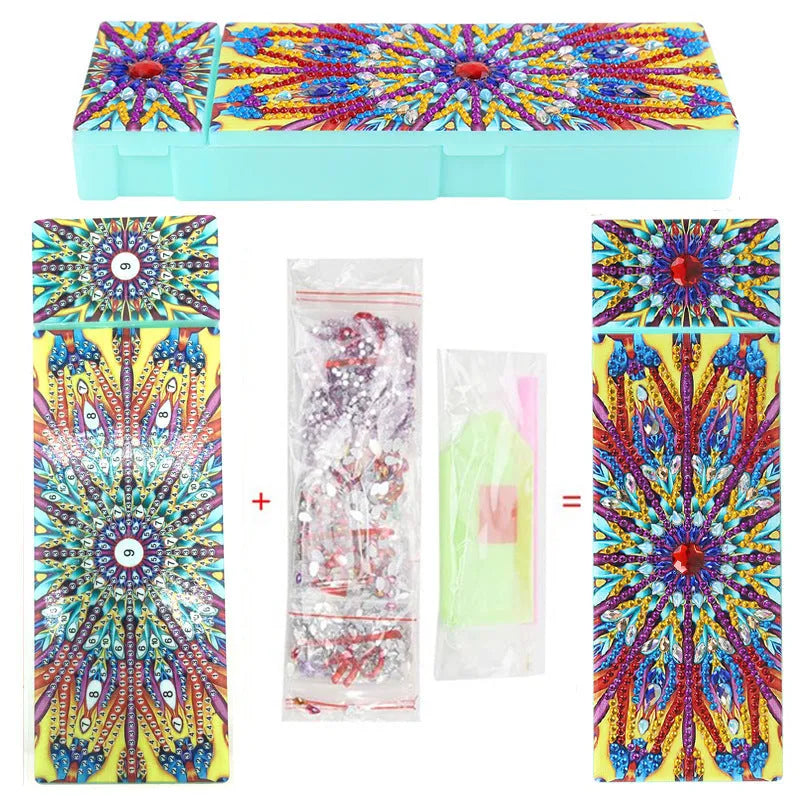 DIY diamond painting kit with PU leather wristlet pencil case, resin diamonds, and crafting tools laid out.