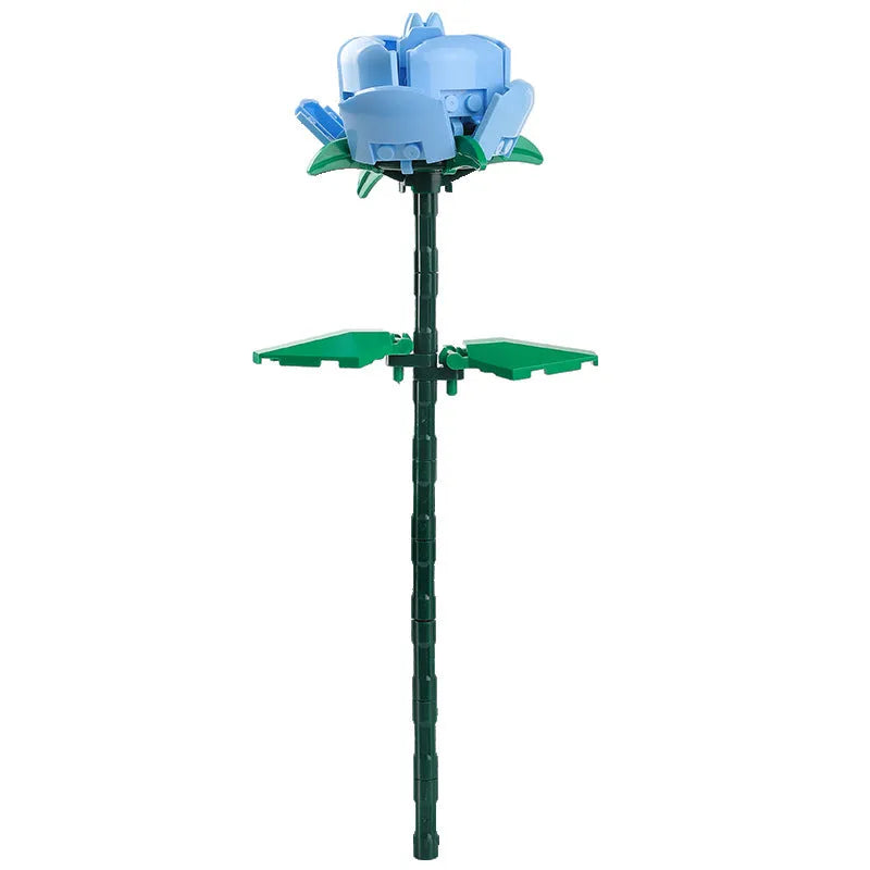 Rose assembled from small particle plastic building blocks in pink, red, or blue