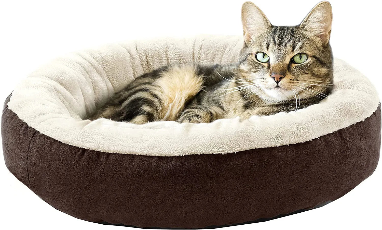 Circular grey cloth pet bed with raised sides for a cat or small dog