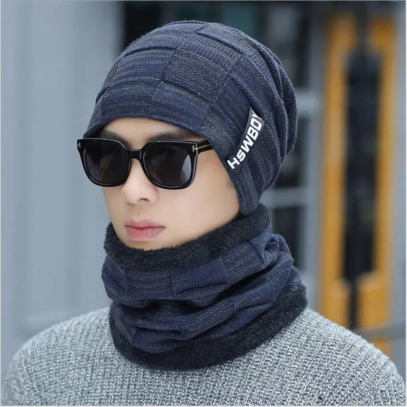 Cotton knitted hat with earflaps for men 2-piece set black grey khaki navy red warp knit satin finish