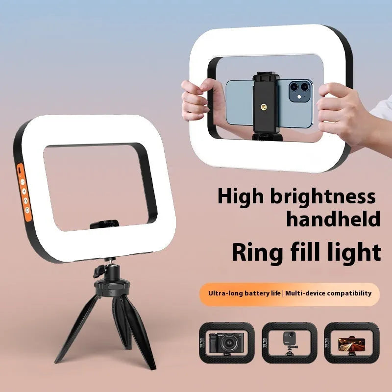 Mobile phone fill-in light kit with adjustable colour temperature display and metallic desktop bracket