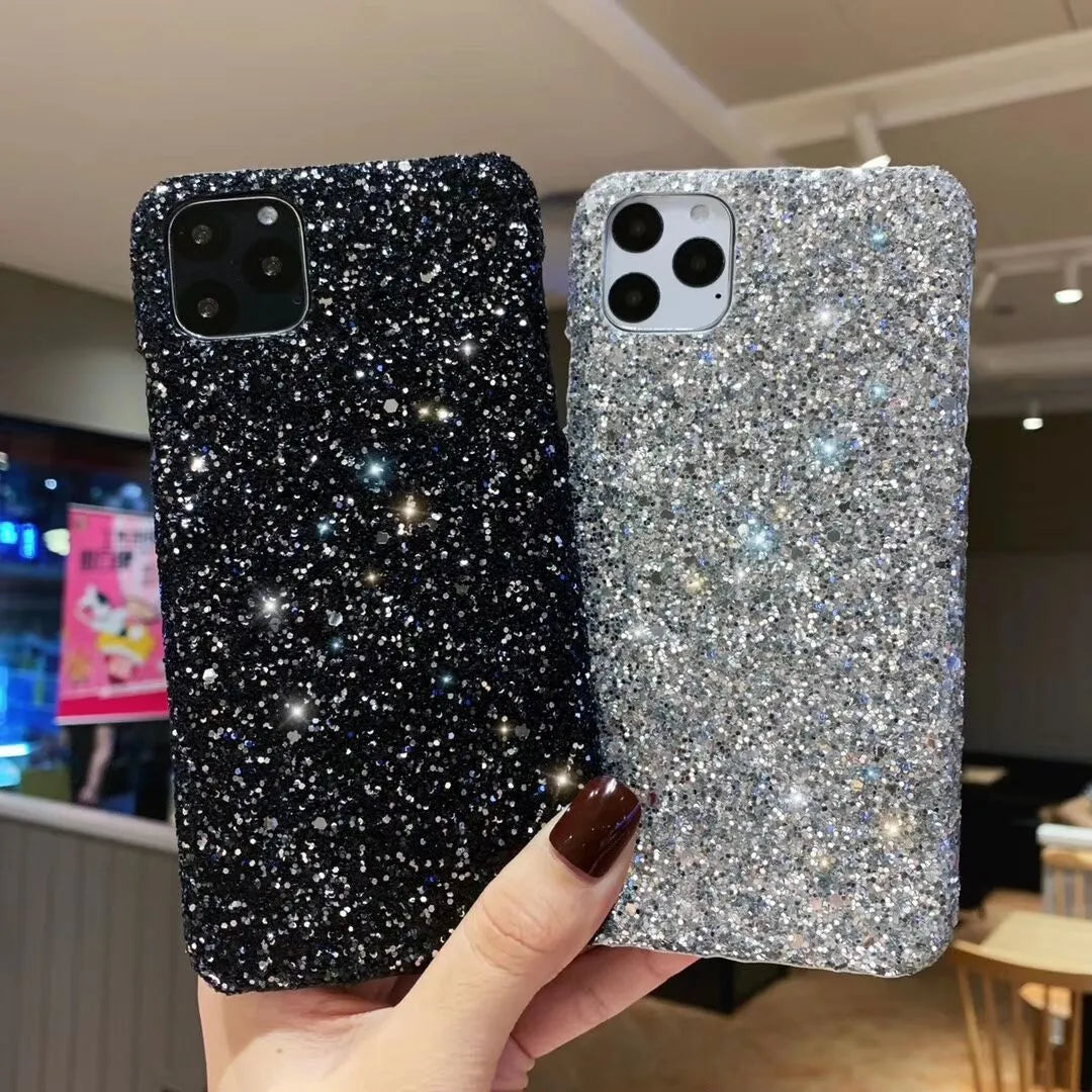 Glitter sequin back cover phone case for iPhone 11, X, XR, 7, 8, 6, 6S – pink colour with raised camera frame