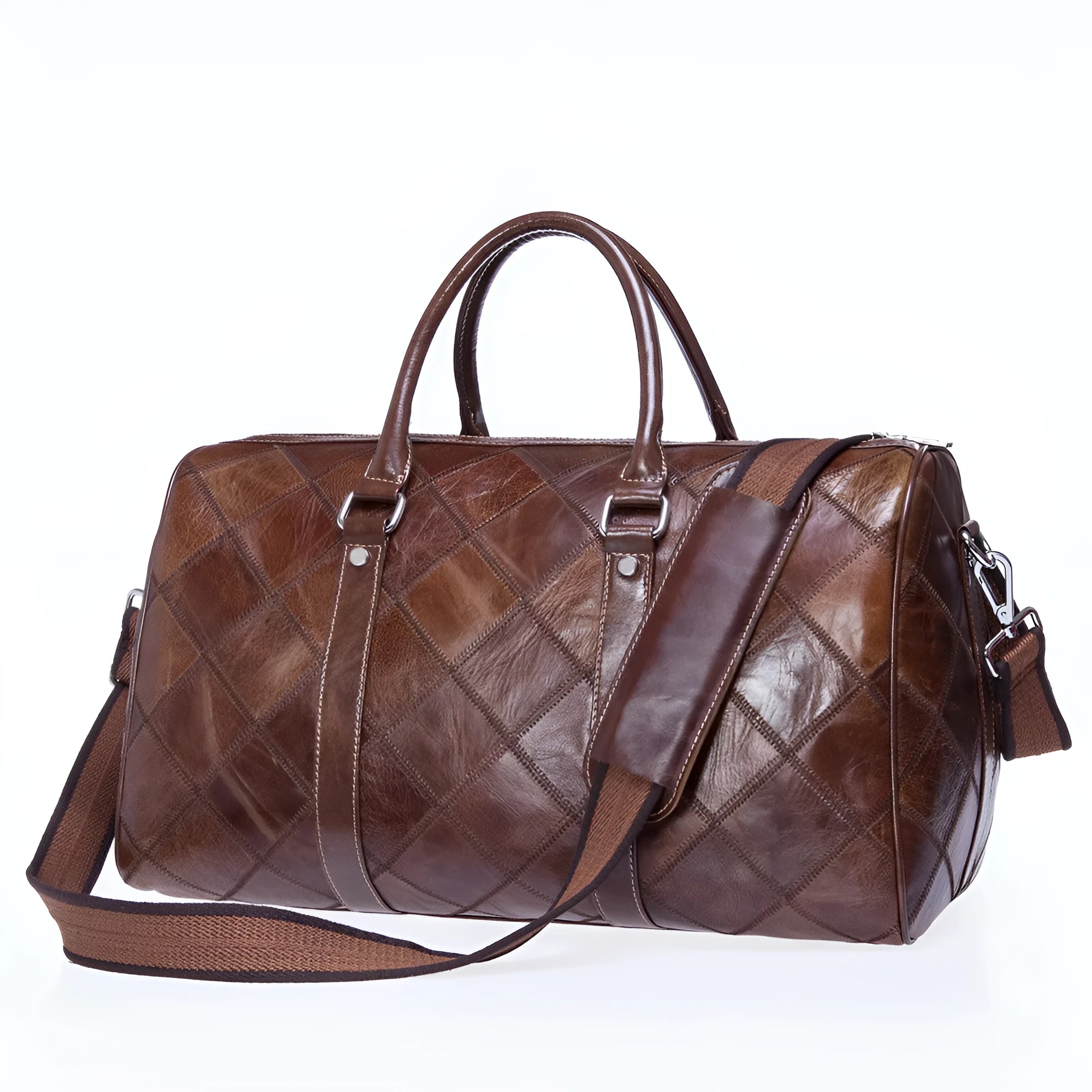 A vintage-style men's leather duffel bag in black with a single strap and internal organiser compartments.