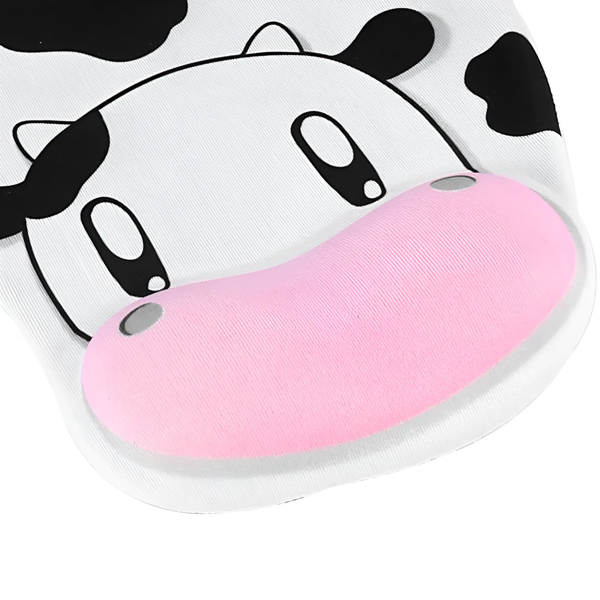 Super soft silicone cow pattern wrist rest mouse pad on a desk, showing non-slip base and ergonomic hand support.