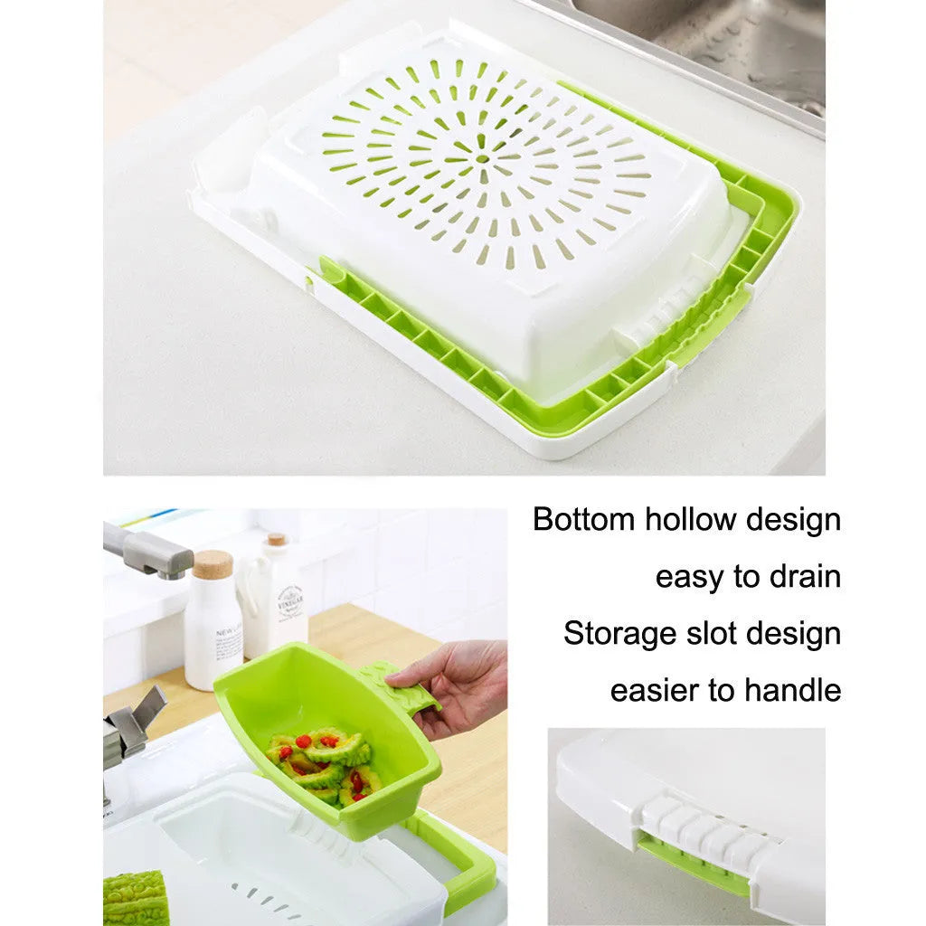 Green kitchen drain cutting board with hollow bottom design mounted on sink edge