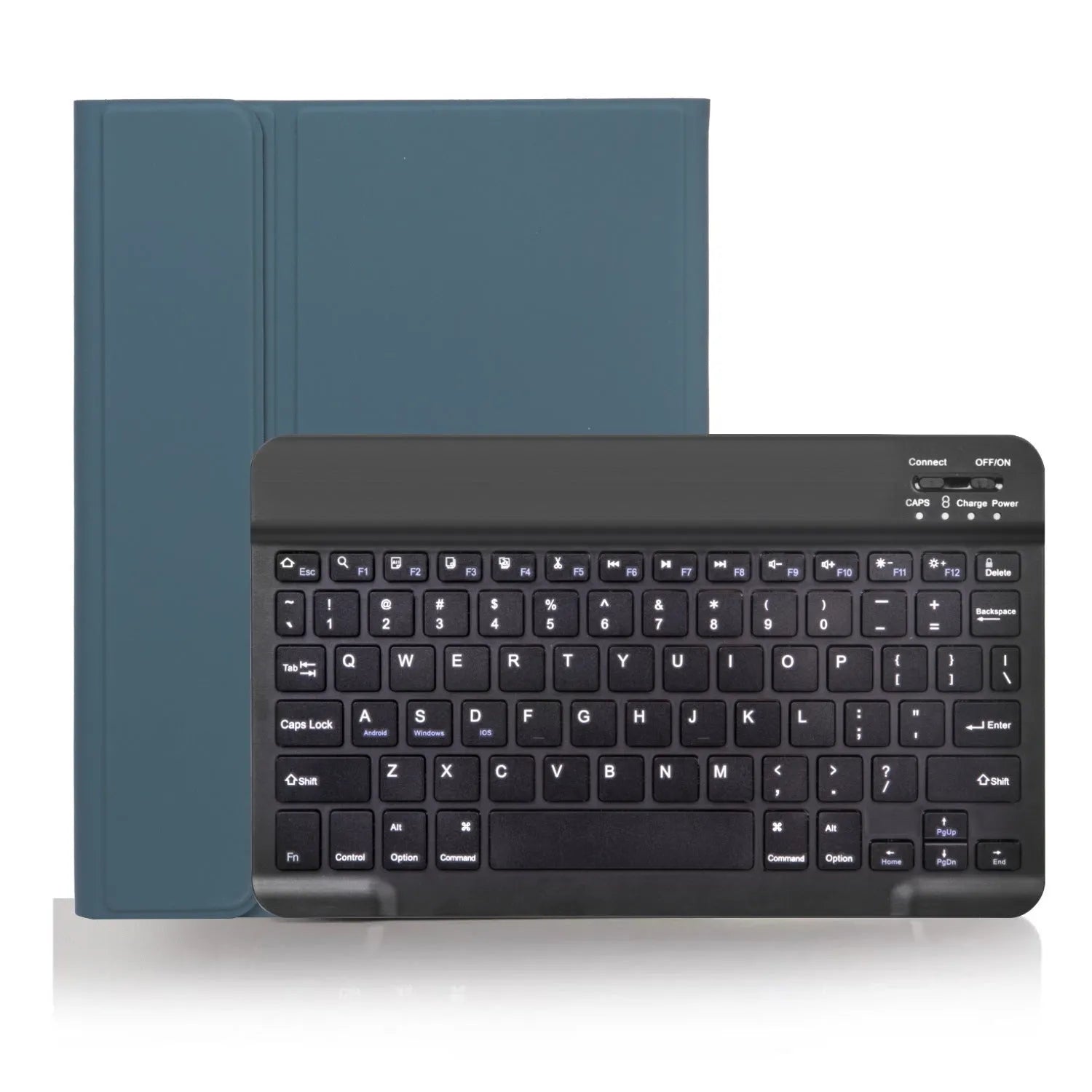 External Bluetooth keyboard stored inside its split leather protective case, with charging cable.