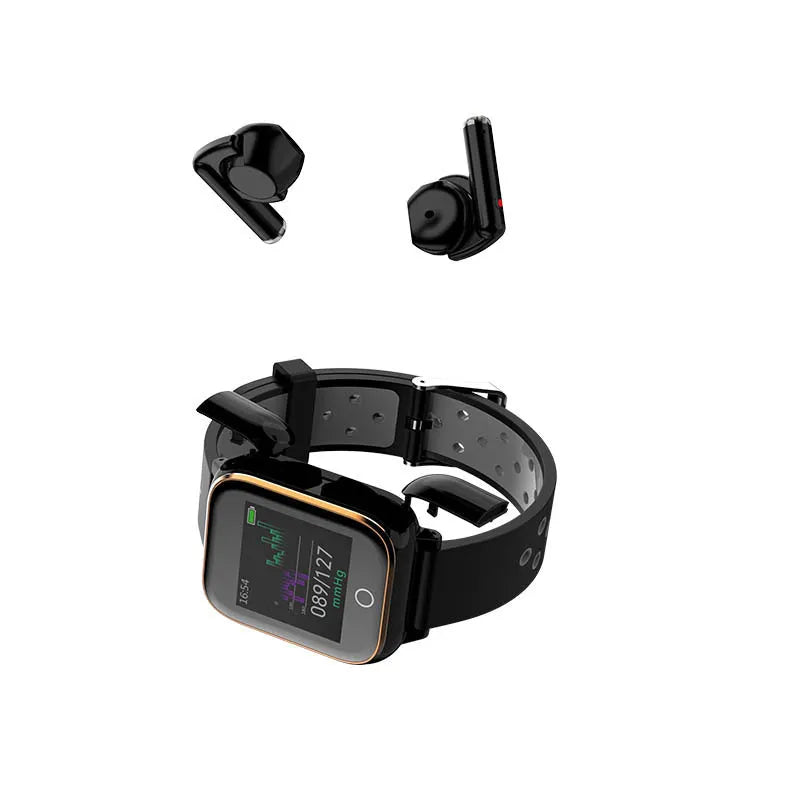 Black smartwatch bracelet with built-in Bluetooth earbuds showing a 1.4-inch screen displaying heart rate data.