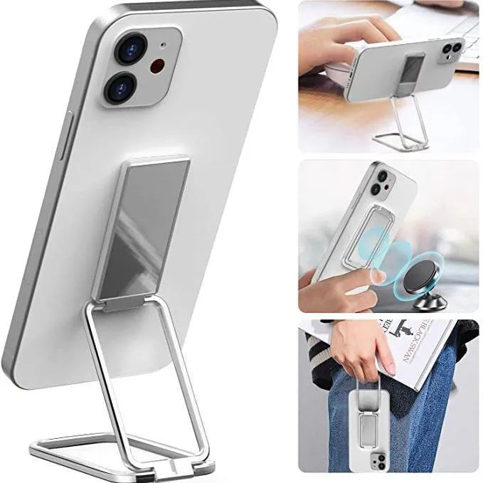 Silver foldable mobile phone holder with magnetic bracket showing adjustable viewing angles