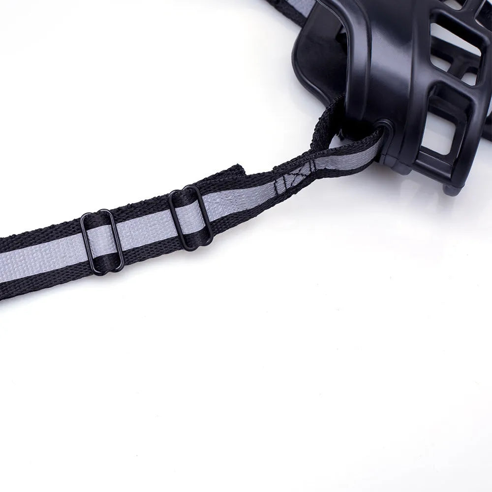 Adjustable soft rubber dog muzzle in black with size options from 18cm to 43cm