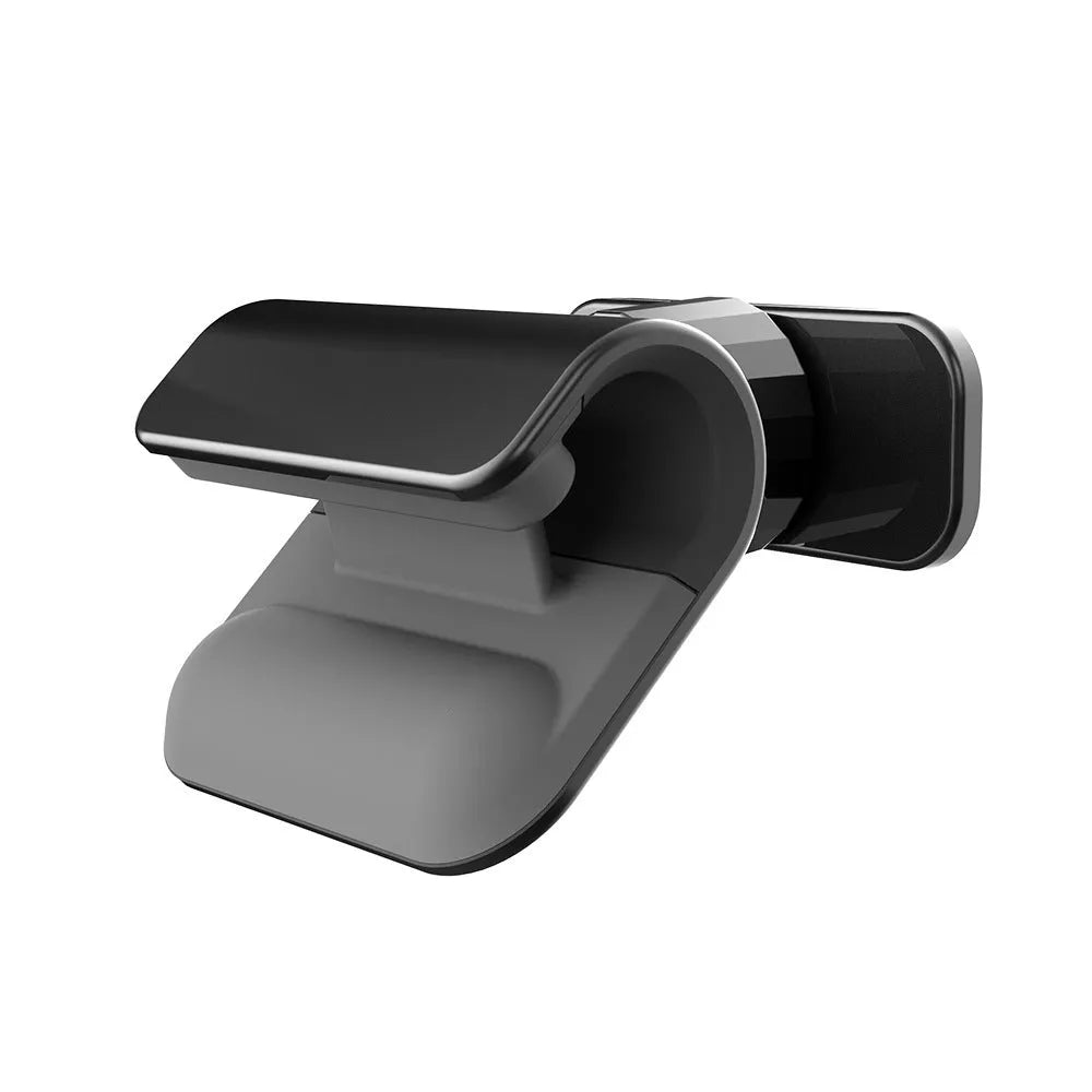 Black universal car phone holder with 360-degree rotation on dashboard