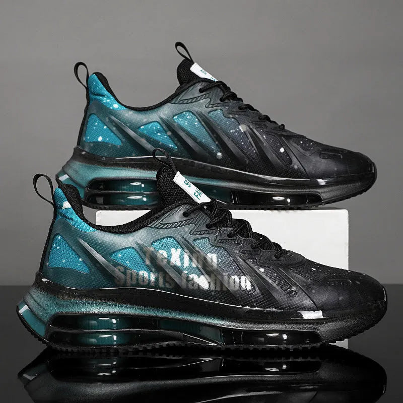Men's black and green casual running shoes with mesh uppers, a platform sole, and round toe.