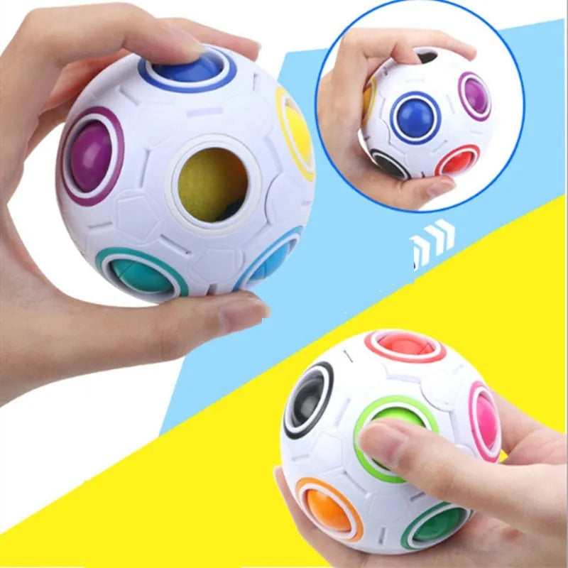 Rainbow coloured ball puzzle toy with multiple holes showing movable coloured balls inside plastic sphere