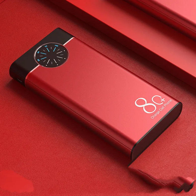 Black fast charging power bank with alloy shell showing LED light and charging ports