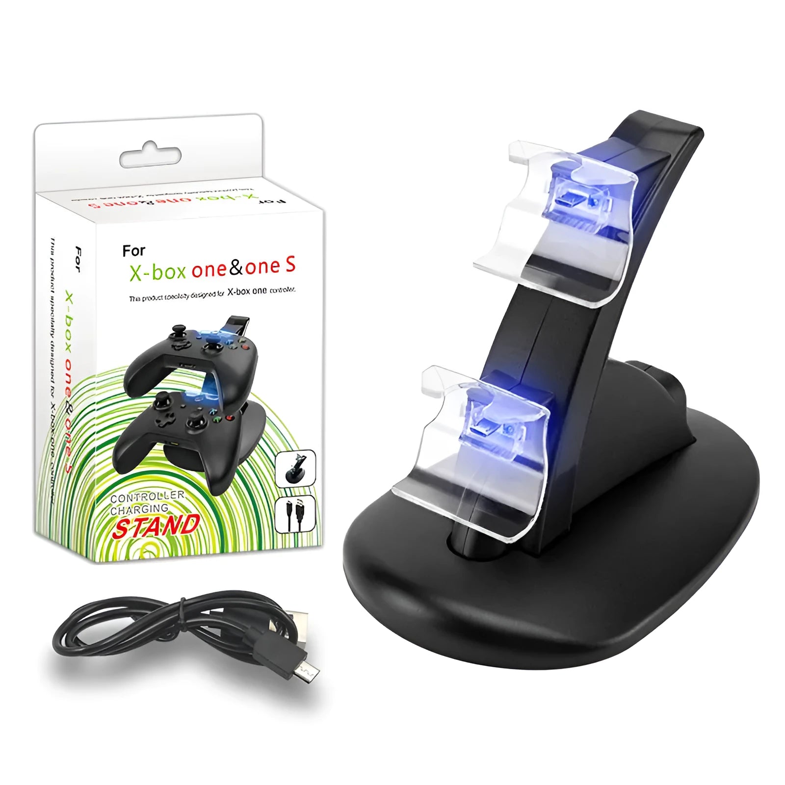 Black dual charging stand holding two Xbox One controllers upright.