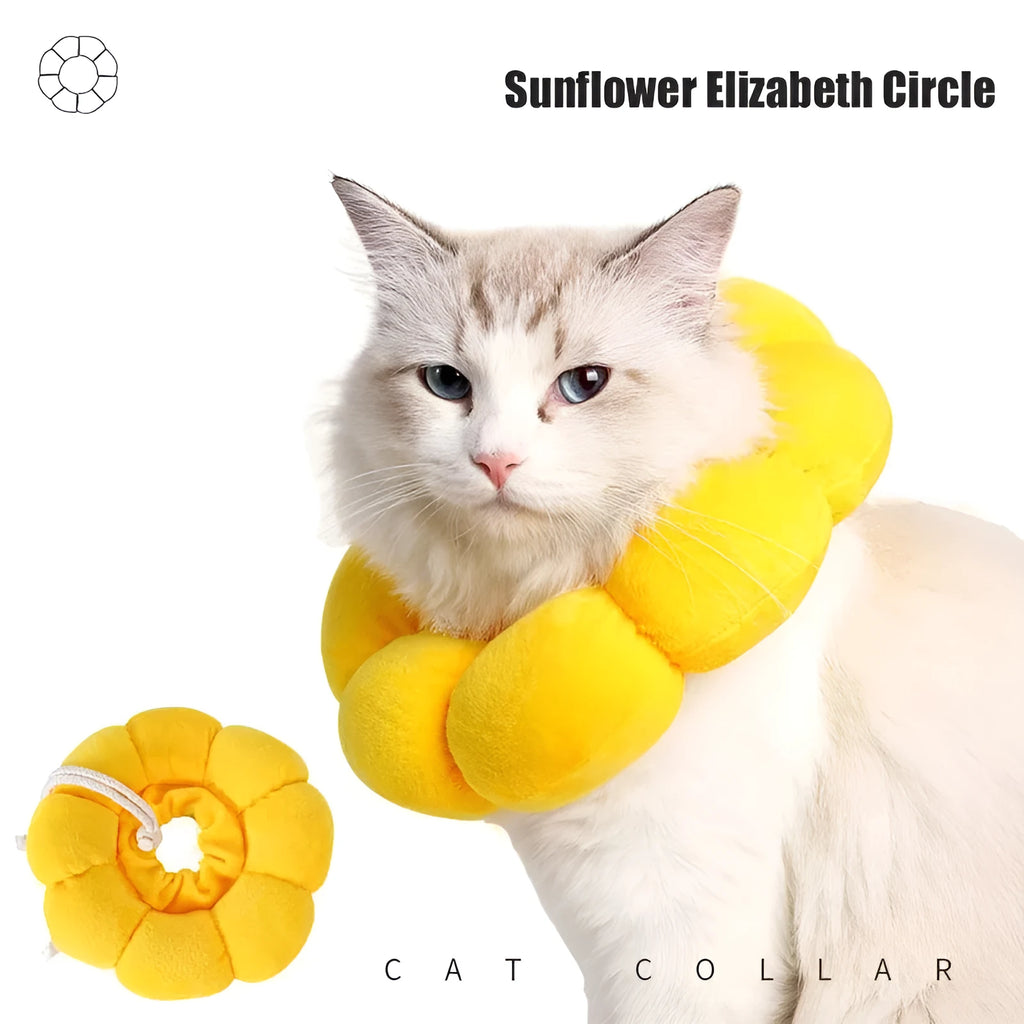 Sunflower-pattern cotton protective collar for dogs and cats, shown with adjustable band and size chart.