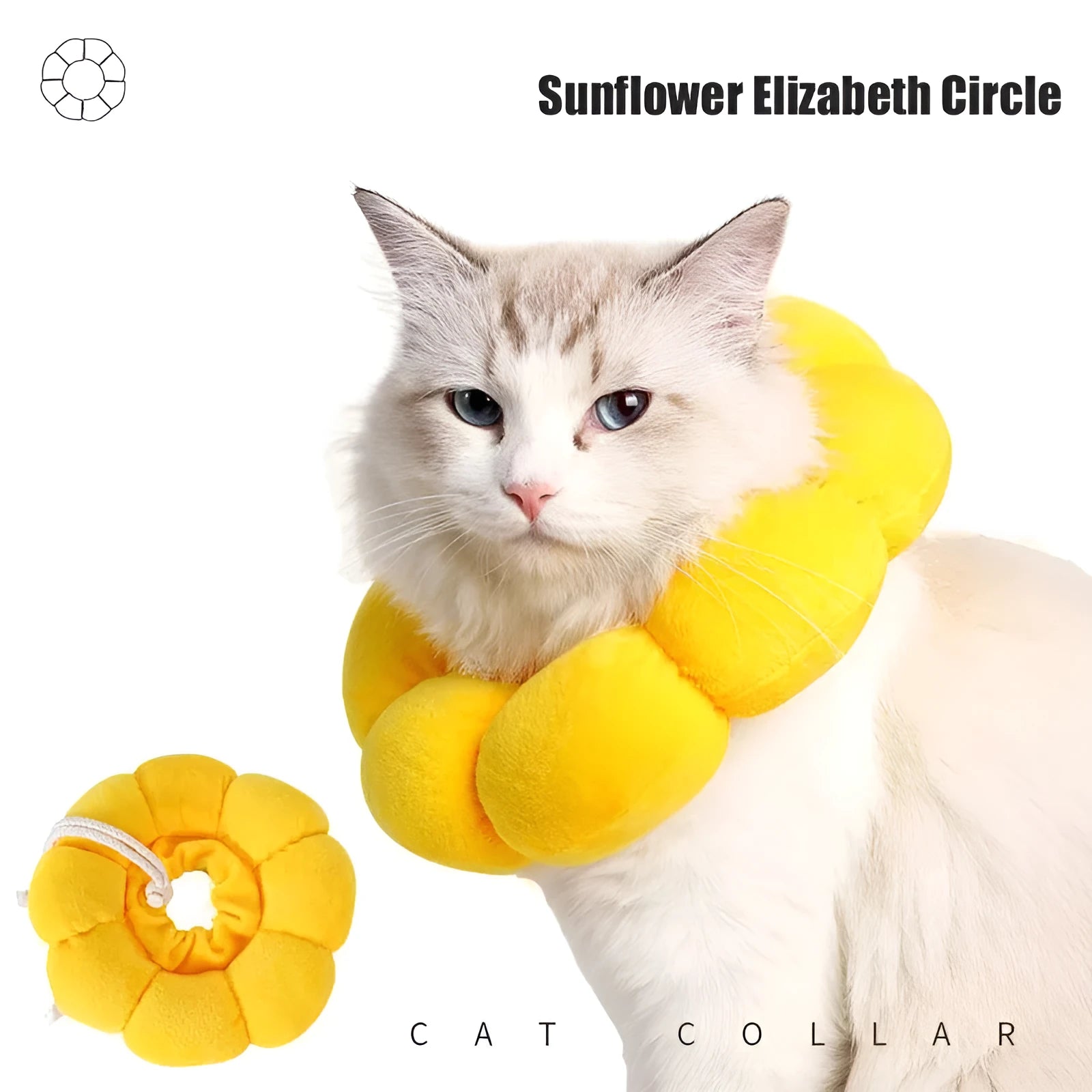 Sunflower-pattern cotton protective collar for dogs and cats, shown with adjustable band and size chart.