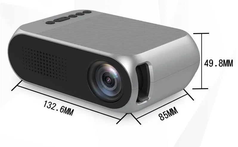 Mini HD 1080P projector with LED lens, 20-80 inch projection, black grey white, US EU style.