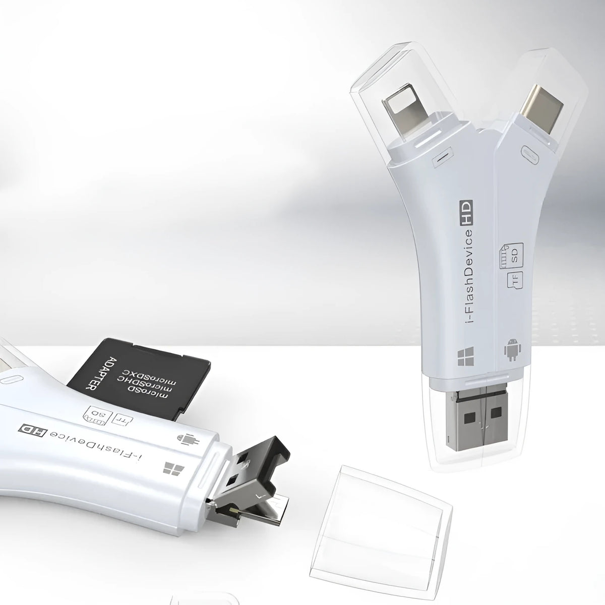 Multi-function card reader in white, gold, and black colours, supporting MicroSD SD TF cards, 81x51x11mm size