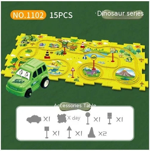Children puzzle electric railroad speeder with DIY assembly track and automatic car, dinosaur theme