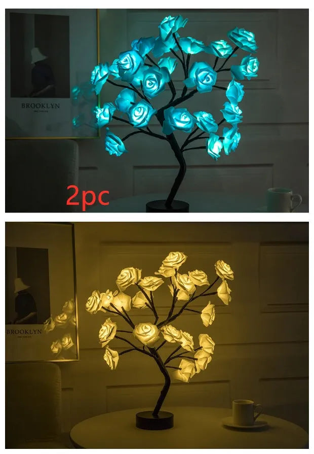 White and red rose LED table lamp with bonsai tree night lights and garland decoration