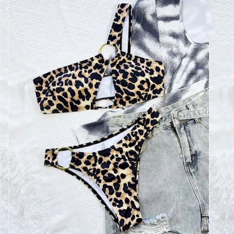 Women's leopard print bikini set with polka dots and hollow-out design on nylon fabric