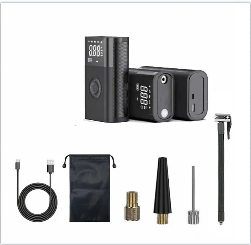 Black handheld wireless digital tyre inflator with LCD screen, showing pressure reading, with accessory nozzles