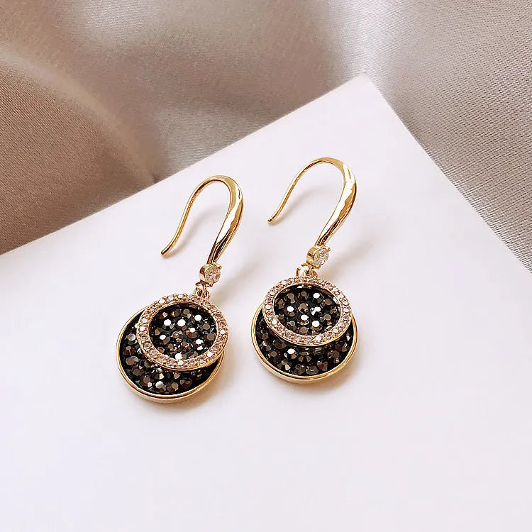 Black geometric round alloy earrings with 3.6cm length and retro Hong Kong style design