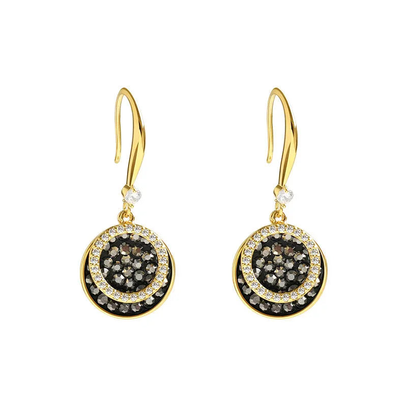 Black geometric round alloy earrings with 3.6cm length and retro Hong Kong style design