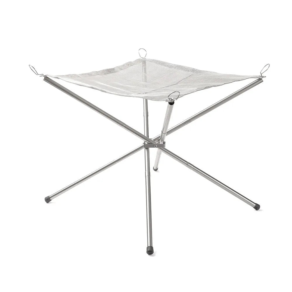 Silver stainless steel barbecue grill with cooking net, shown in large and medium size options.