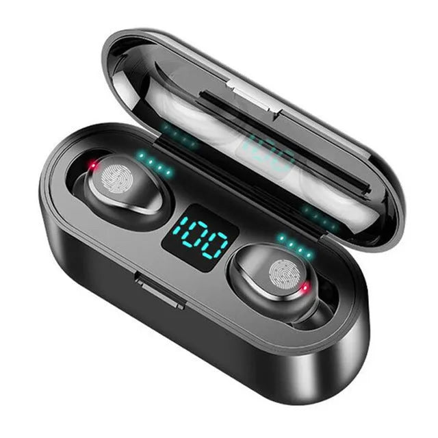 Black wireless Bluetooth stereo headset with earplug design.