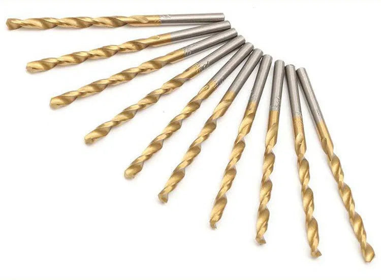 Set of high speed steel titanium plated twist drills in black finish with various sizes