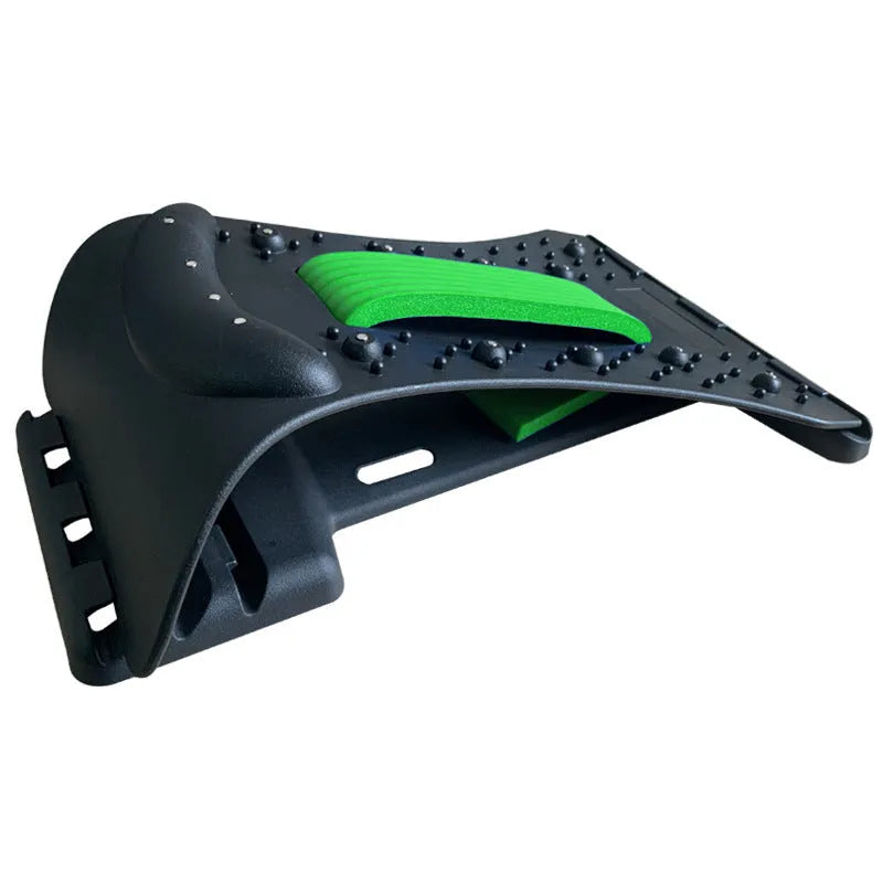Adjustable back massager stretcher with magnetic therapy points on a black and purple background.