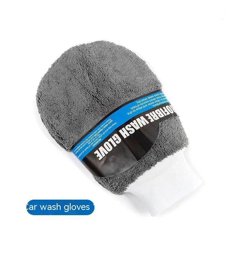 Grey microfiber 9-piece car wash cleaning set showing glove, sponge, tyre brush, waxing wipes and towels.