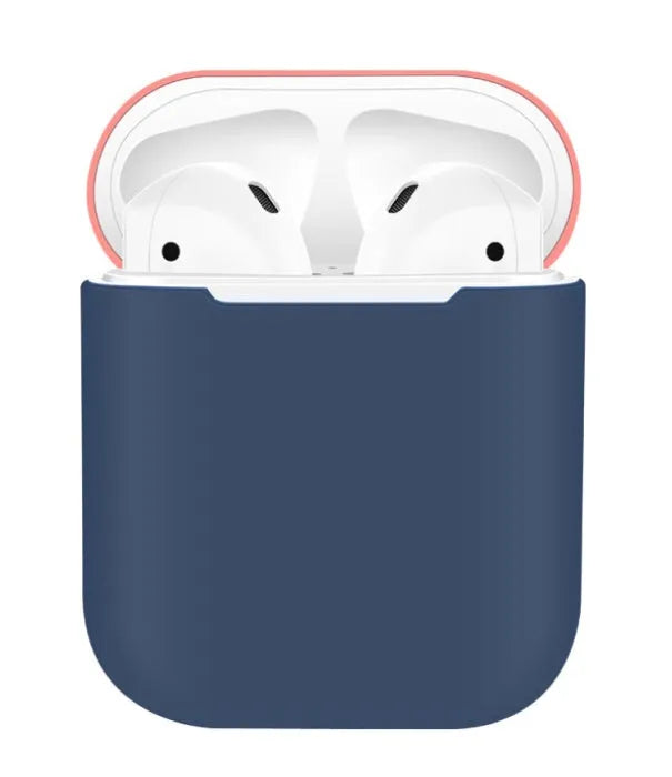 Soft black silicone protective cover for Apple AirPods charging case, shown with split design.