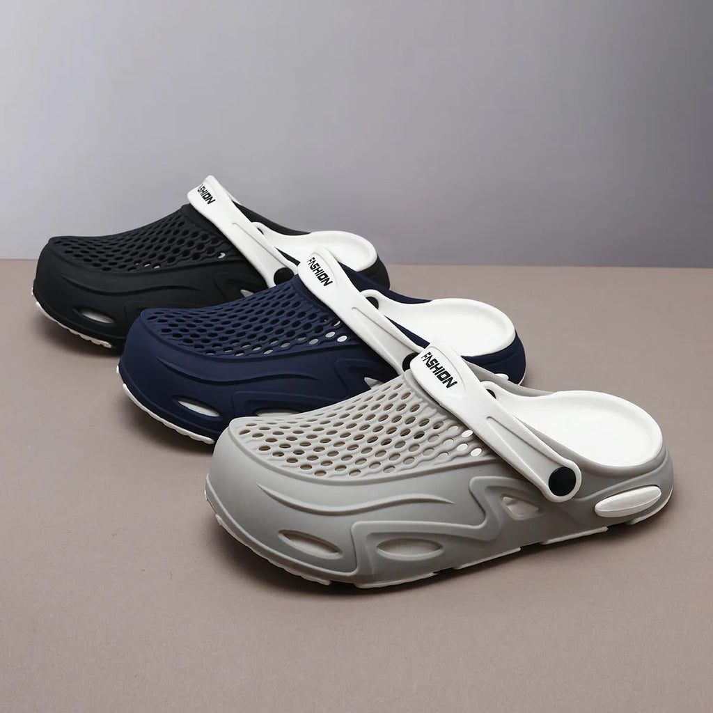 Men's grey closed toe beach slippers with a grid pattern and non-slip EVA sole.