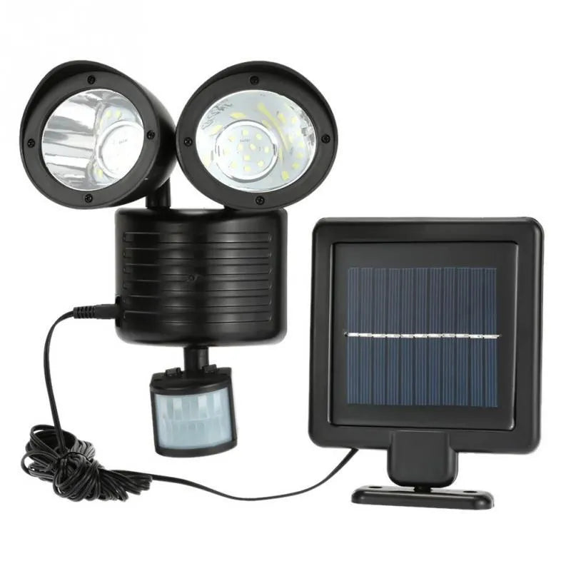 Black and white dual-head solar security spotlight with motion sensor for outdoor wall mounting