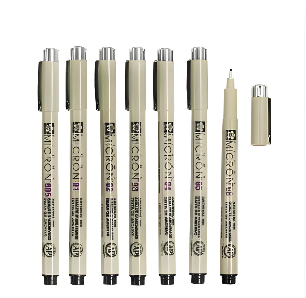 Pack of 7 Sakura Pigma Micron needle point pens with assorted nib sizes from 0.2mm to 0.5mm including pencil style