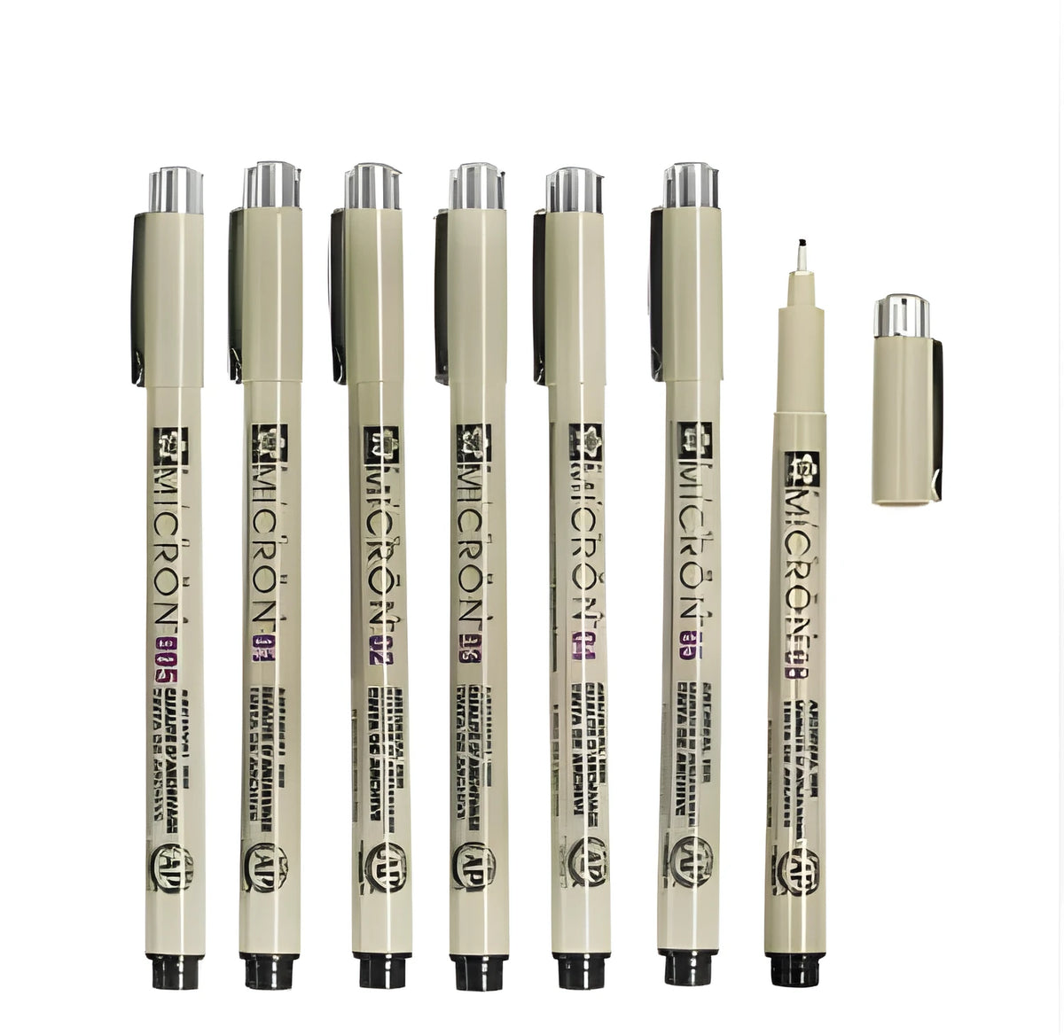 Pack of 7 Sakura Pigma Micron needle point pens with assorted nib sizes from 0.2mm to 0.5mm including pencil style