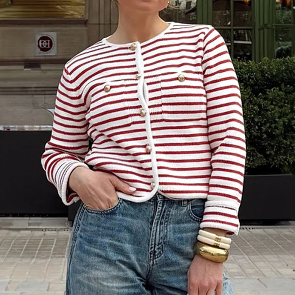 Red and white striped long-sleeve button-down shirt, regular sleeve, casual versatile style, sizes S to XL