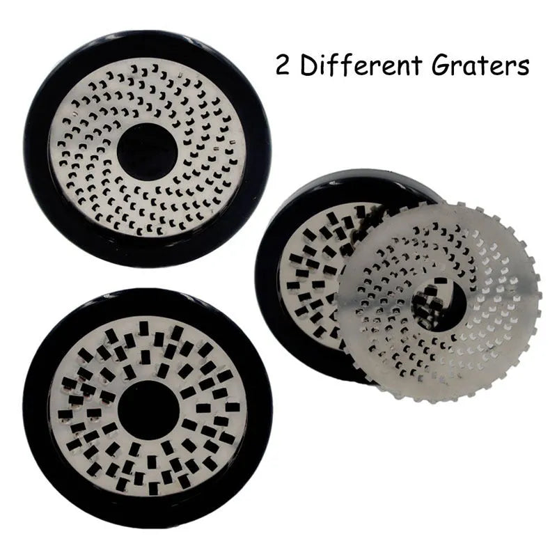Stainless steel rotary cheese grater in black and white, 17cm tall, with two blades for grating chocolate and cheese