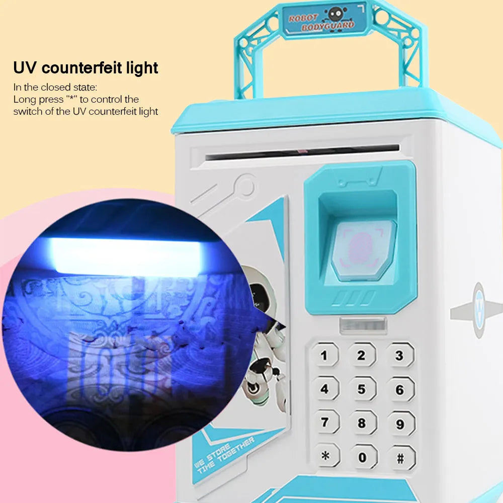 Electronic fingerprint piggy bank in blue or pink, plastic coin and note saving box, 13x13x24cm, 750g