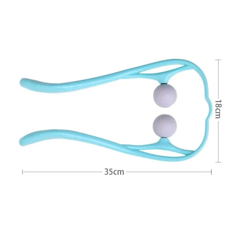 A pink plastic handheld neck and shoulder massager with adjustable rollers on a flexible stand.