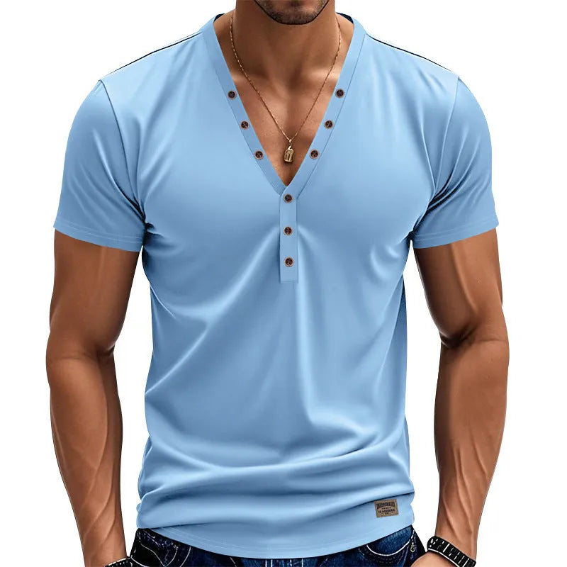 Men's loose fit v-neck pullover with button design in chemical fibre blend fabric