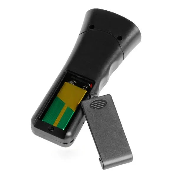Black ABS ultrasonic dog repeller and training flashlight, 14cm x 6cm x 3cm, 130dB, 20m range